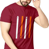 Men Striped Round Neck Polyester Maroon T-Shirt