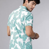 Men's Printed Half Sleeves Regular Collar Casual Shirt White & Light Green