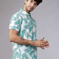 Men's Printed Half Sleeves Regular Collar Casual Shirt White & Light Green
