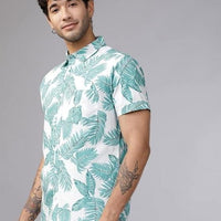 Men's Printed Half Sleeves Regular Collar Casual Shirt White & Light Green