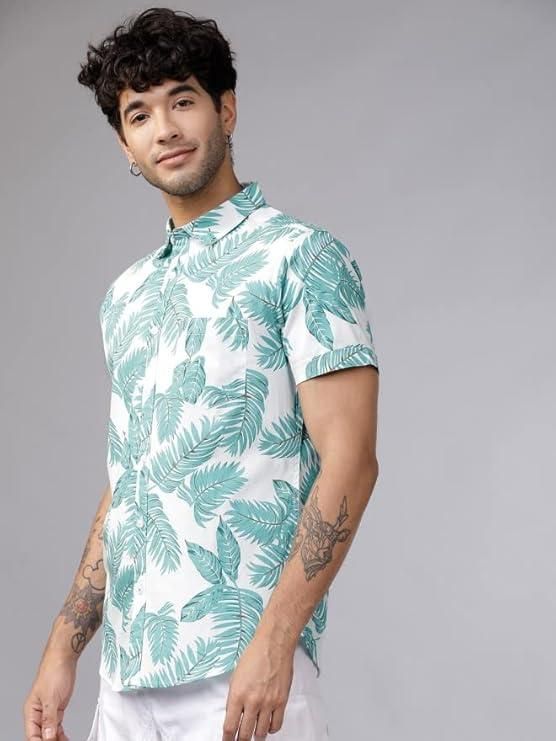 Men's Printed Half Sleeves Regular Collar Casual Shirt White & Light Green