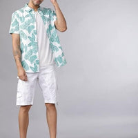 Men's Printed Half Sleeves Regular Collar Casual Shirt White & Light Green